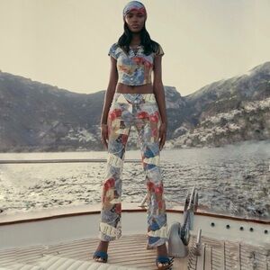 I.AM.GIA Pia Pant Cherry Denim Print Mid Rise Flare Stretch Cotton Trouser Large